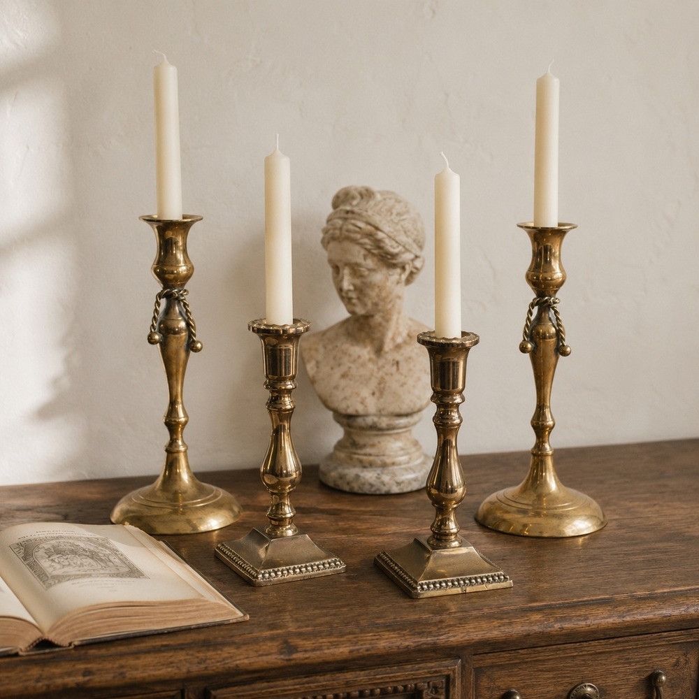 Vintage Brass Candlestick Set of 4 Mixed Candles Grandmillennial Decor Brass